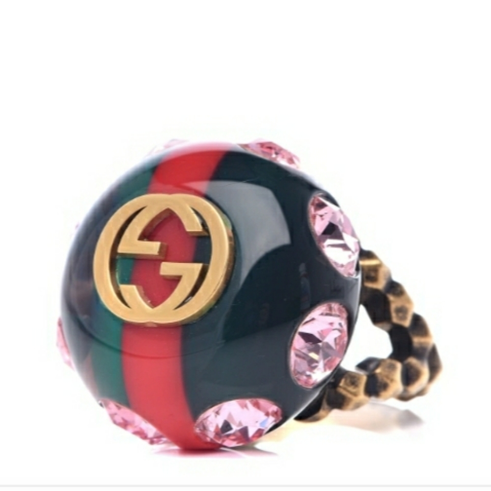 GUCCI Resin GG Logo Crystal Embellished Gold- Tone Cocktail Ring  Size 5